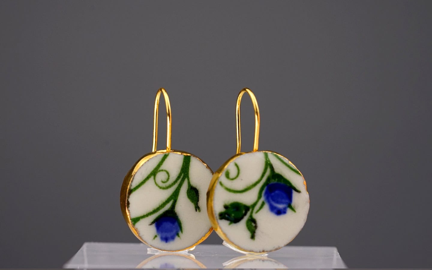blue dot fine porcelain gold earrings frontview unique mamutaki