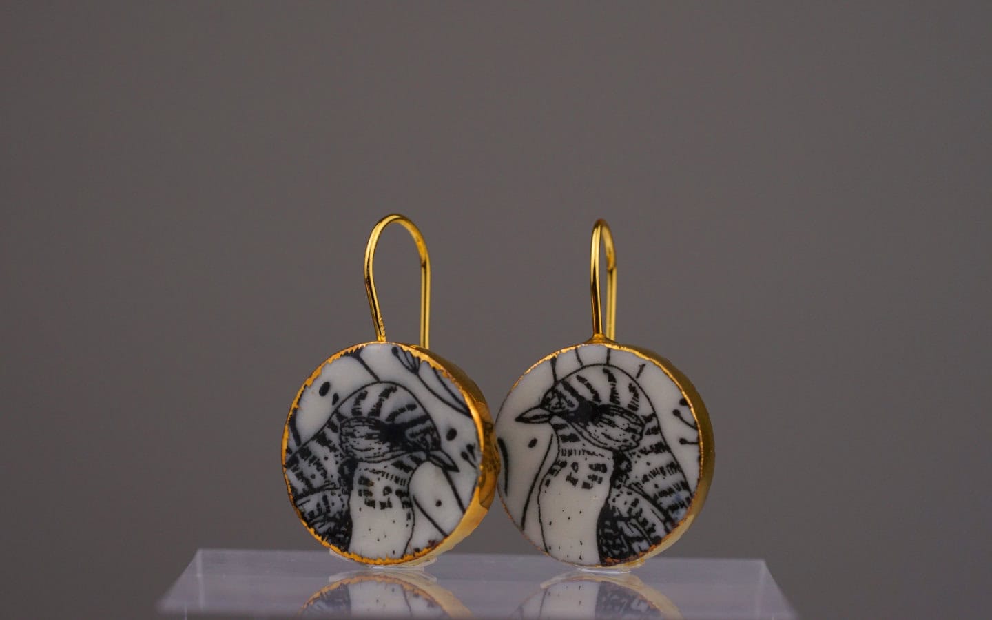 night bird porcelain gold earrings frontview unique mamutaki