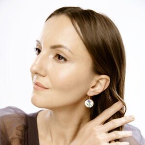 blue dot fine porcelain earrings with gold mamutaki handcrafted front view