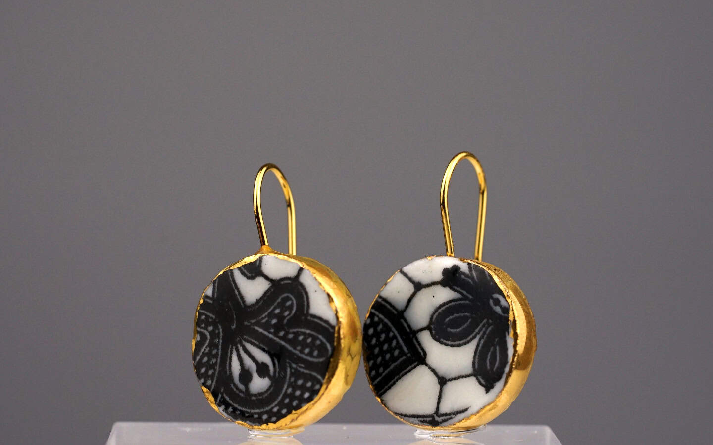 brussels porcelain earrings with gold mamutaki handcrafted double front view