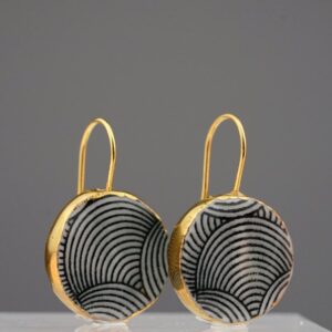 dark radial porcelain earrings with gold mamutaki handcrafted double front view