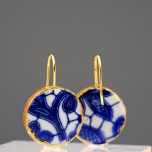 delft porcelain earrings with gold mamutaki handcrafted double front back view