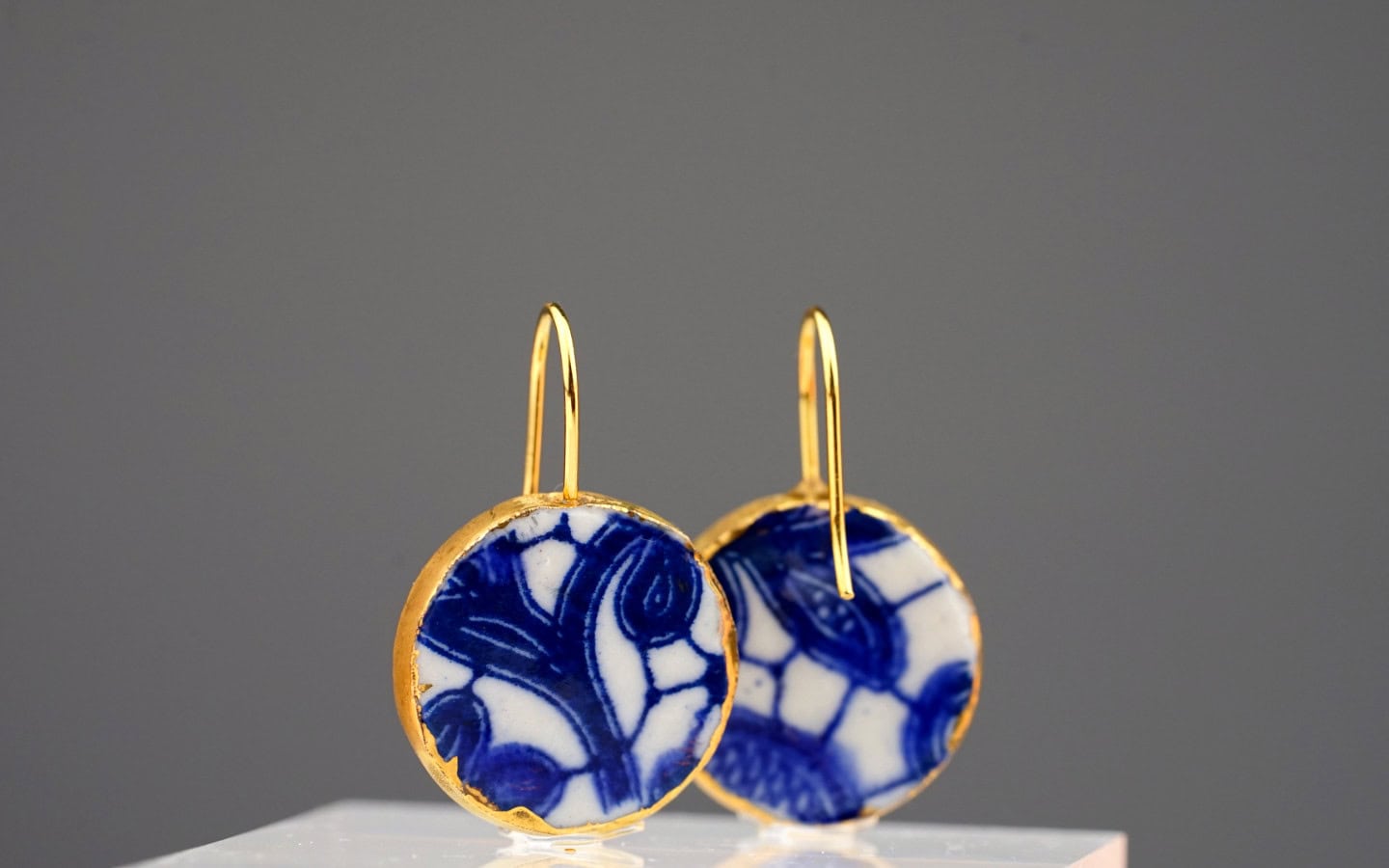 delft porcelain earrings with gold mamutaki handcrafted double front back view
