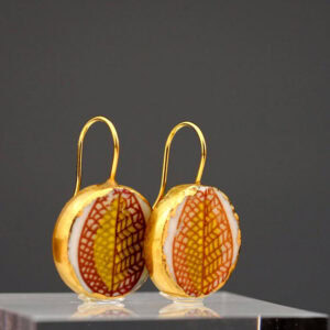 funny valentine hot red porcelain earrings with gold mamutaki handcrafted double front view