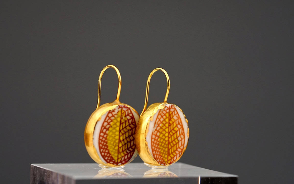 funny valentine hot red porcelain earrings with gold mamutaki handcrafted double front view