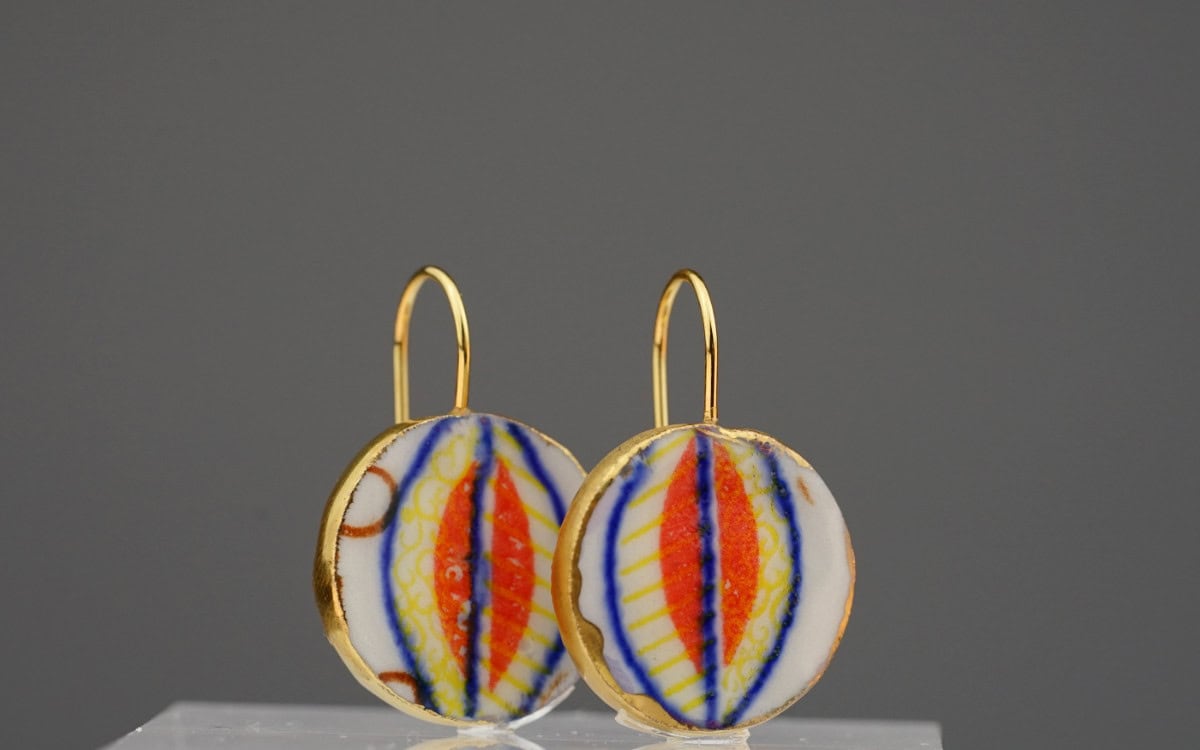funny valentine orange blue porcelain earrings with gold mamutaki handcrafted double front view