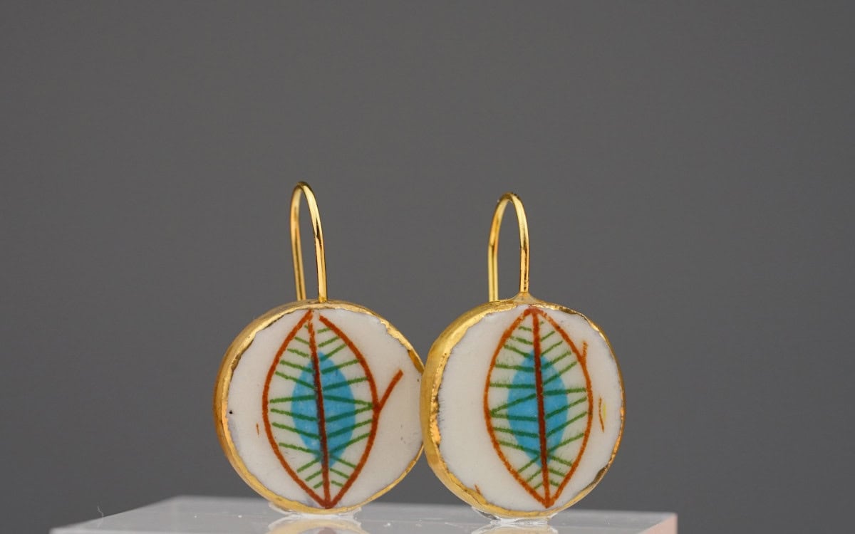 funny valentine turquoise porcelain earrings with gold mamutaki handcrafted double front view