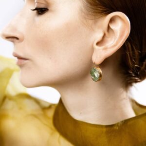 ginkgo love green porcelain earrings with gold mamutaki handcrafted front view