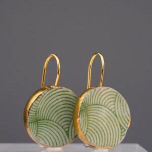 green radial porcelain earrings with gold mamutaki handcrafted double front view
