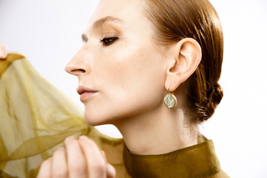 green whispers porcelain earrings with gold mamutaki handcrafted front view