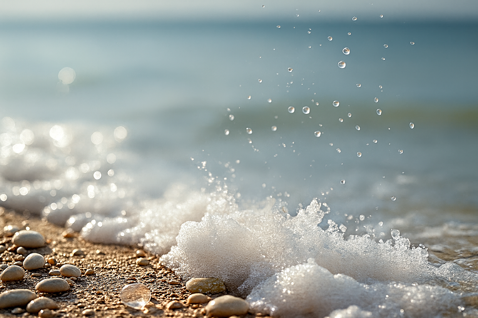 Gentle waves meeting fine sand with sparkling droplets and soft foam – high-quality nature background for the Dot Fine Collection.