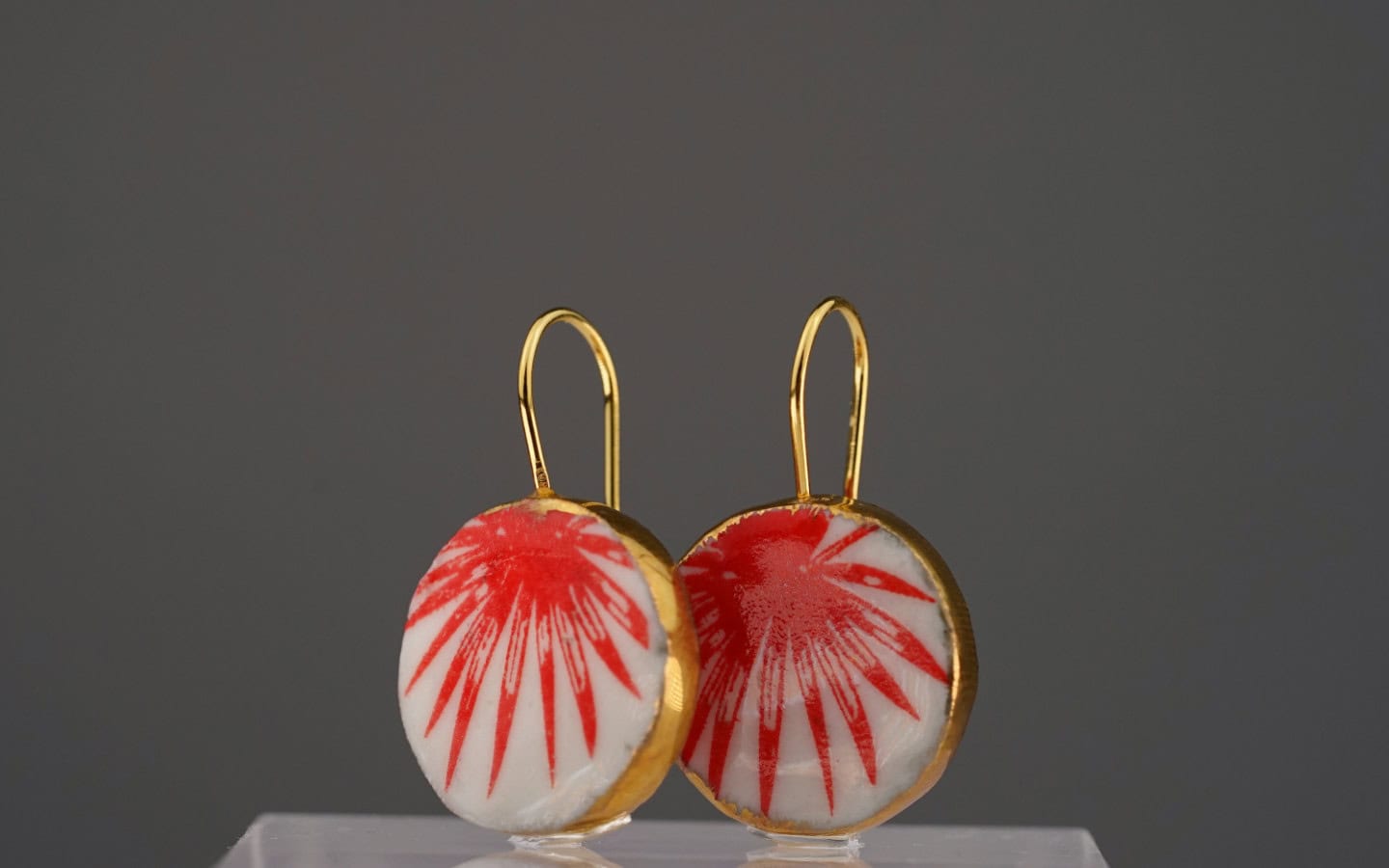 ruby leaf porcelain earrings with gold mamutaki handcrafted double front view