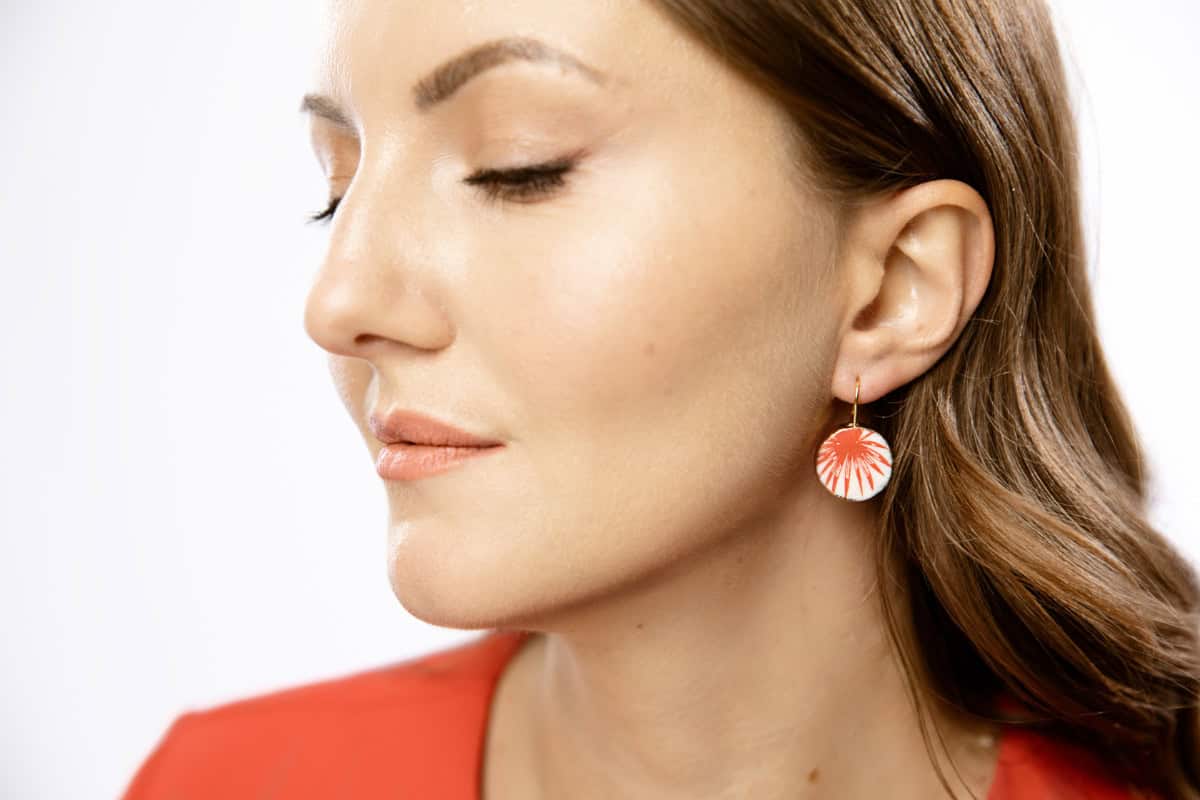 ruby leaf porcelain earrings with gold mamutaki handcrafted front view