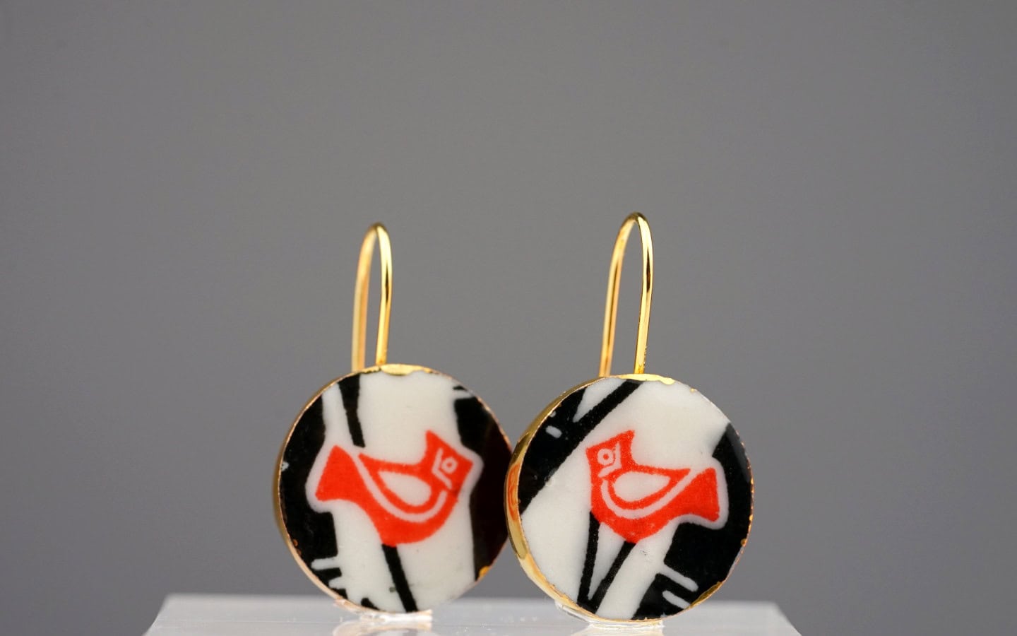 ruby robin porcelain earrings with gold mamutaki handcrafted double front view
