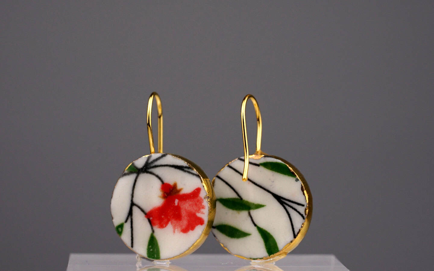 ruby rose porcelain earrings with gold mamutaki handcrafted double front back view