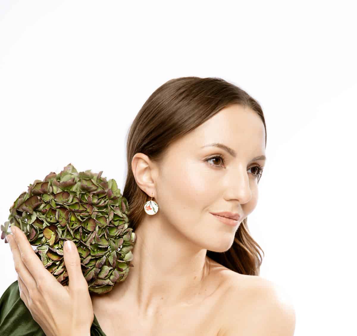 ruby rose porcelain earrings with gold mamutaki handcrafted front view